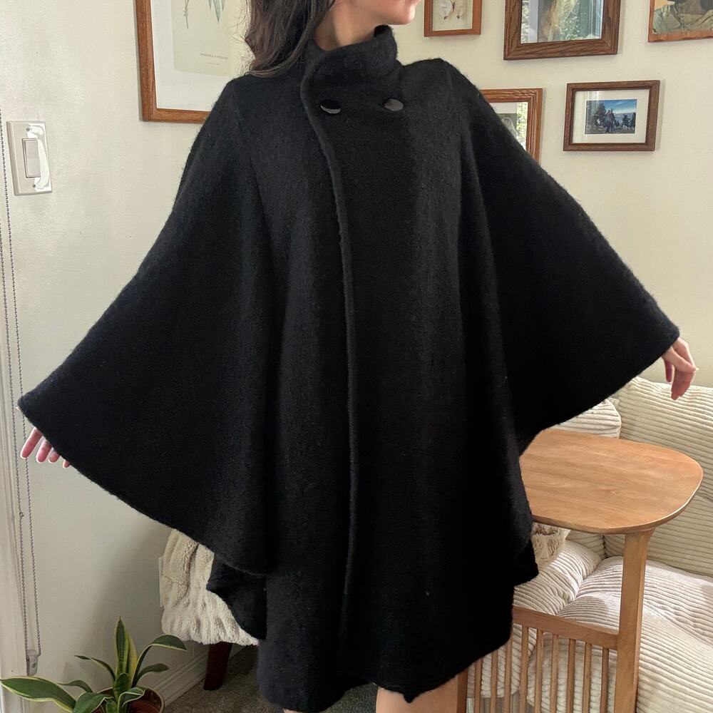 Vintage J.M. Joss Black Mohair Wool Blend Collared Cape Coat M
